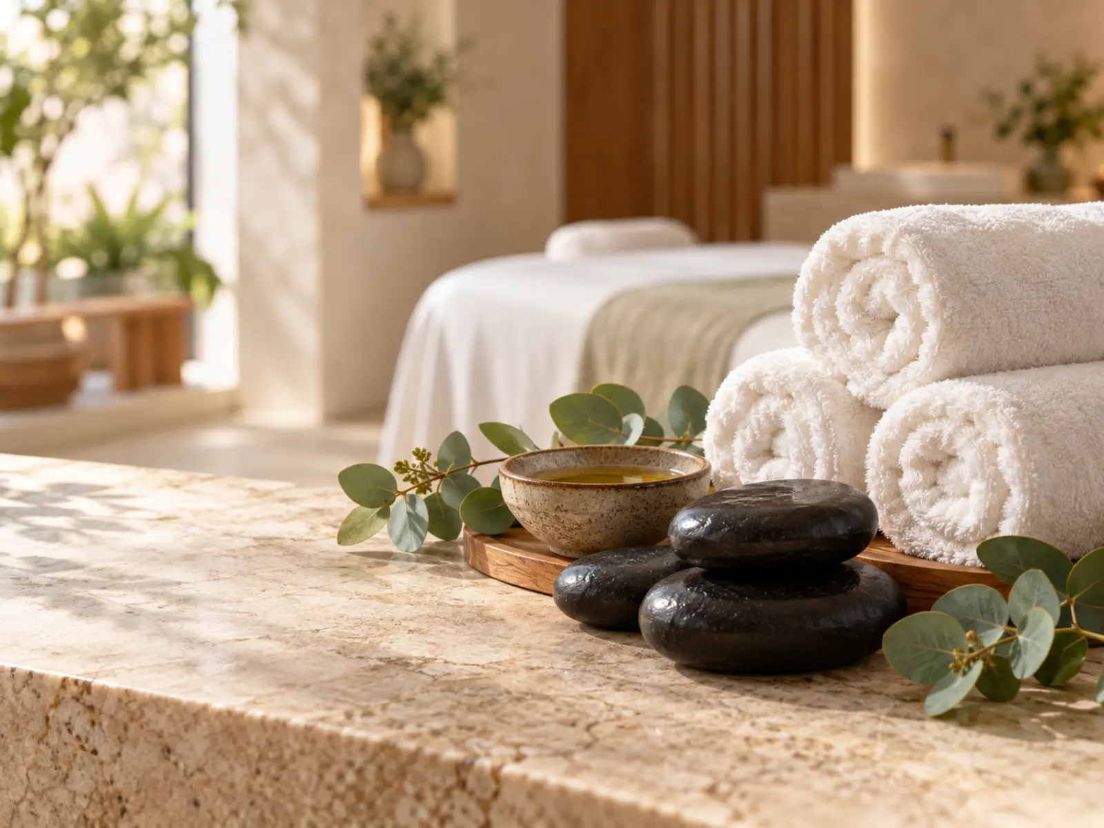 Hot stones and spa towels representing massage marketing