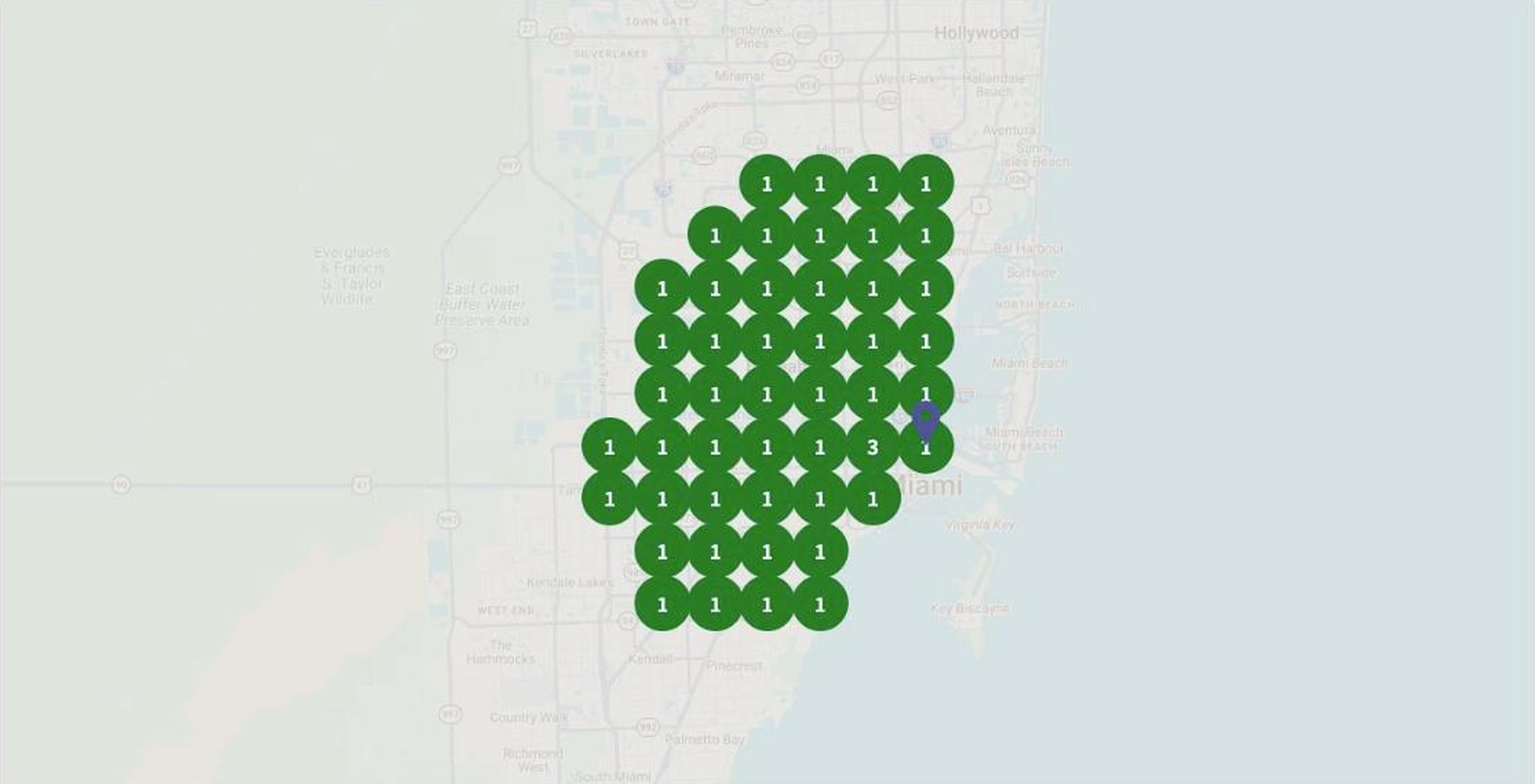 BrightLocal geo-grid showing Solved Puzzle ranked #1 for "marketing agency miami" across the Miami metro