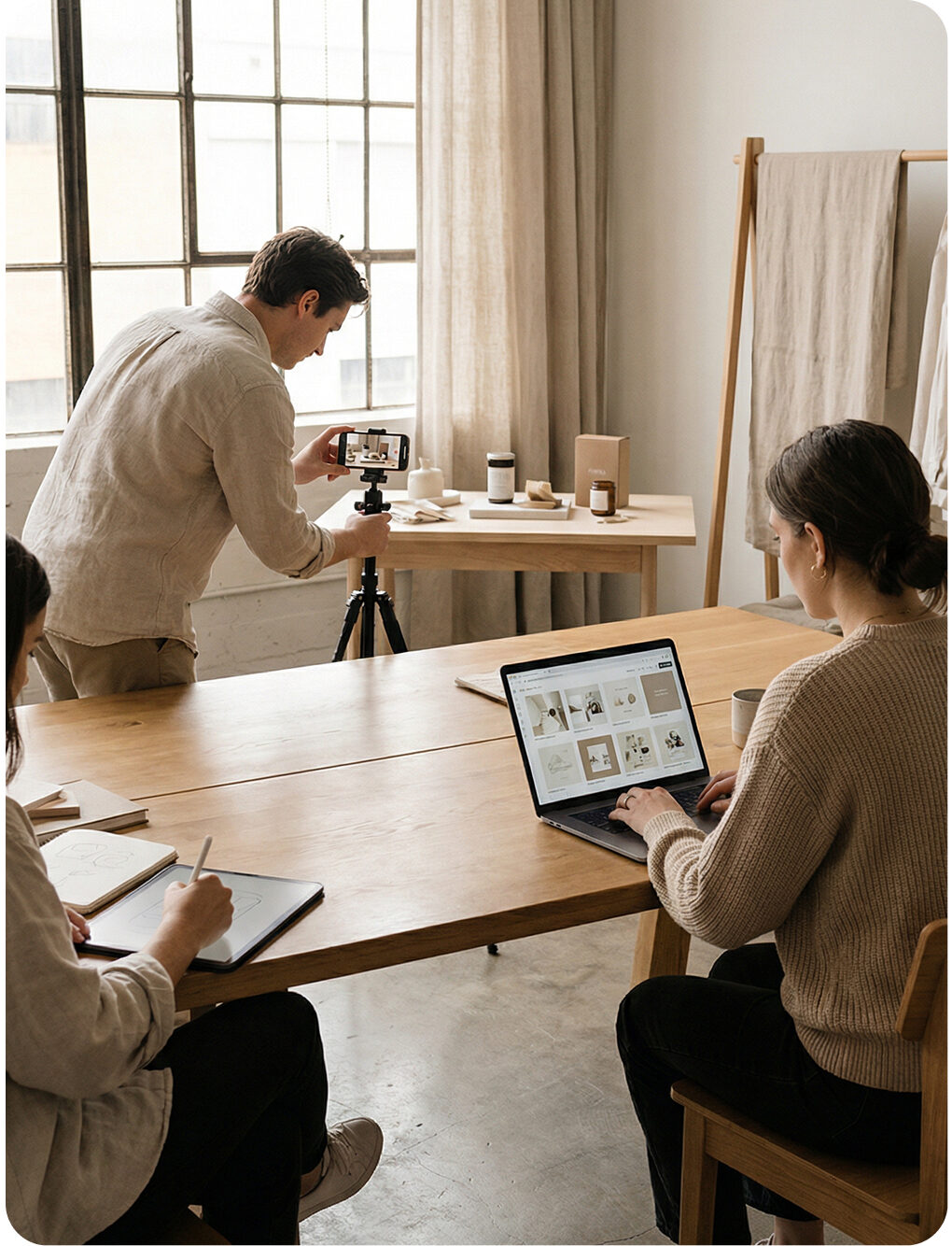 Group of people talking about content creation services in Miami​ from Solved Puzzle Marketing Agency