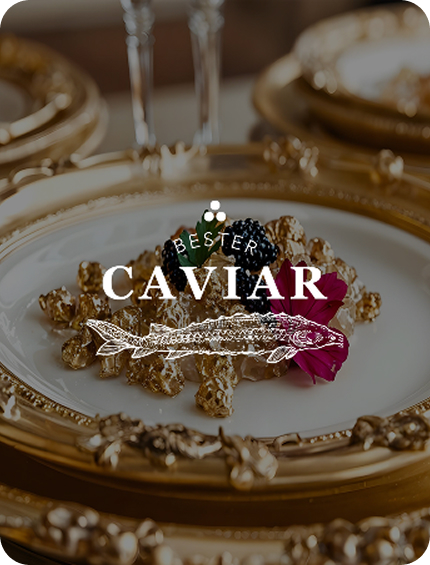 Food with caviar served on an elegant golden plate alongside a table with other golden plates
